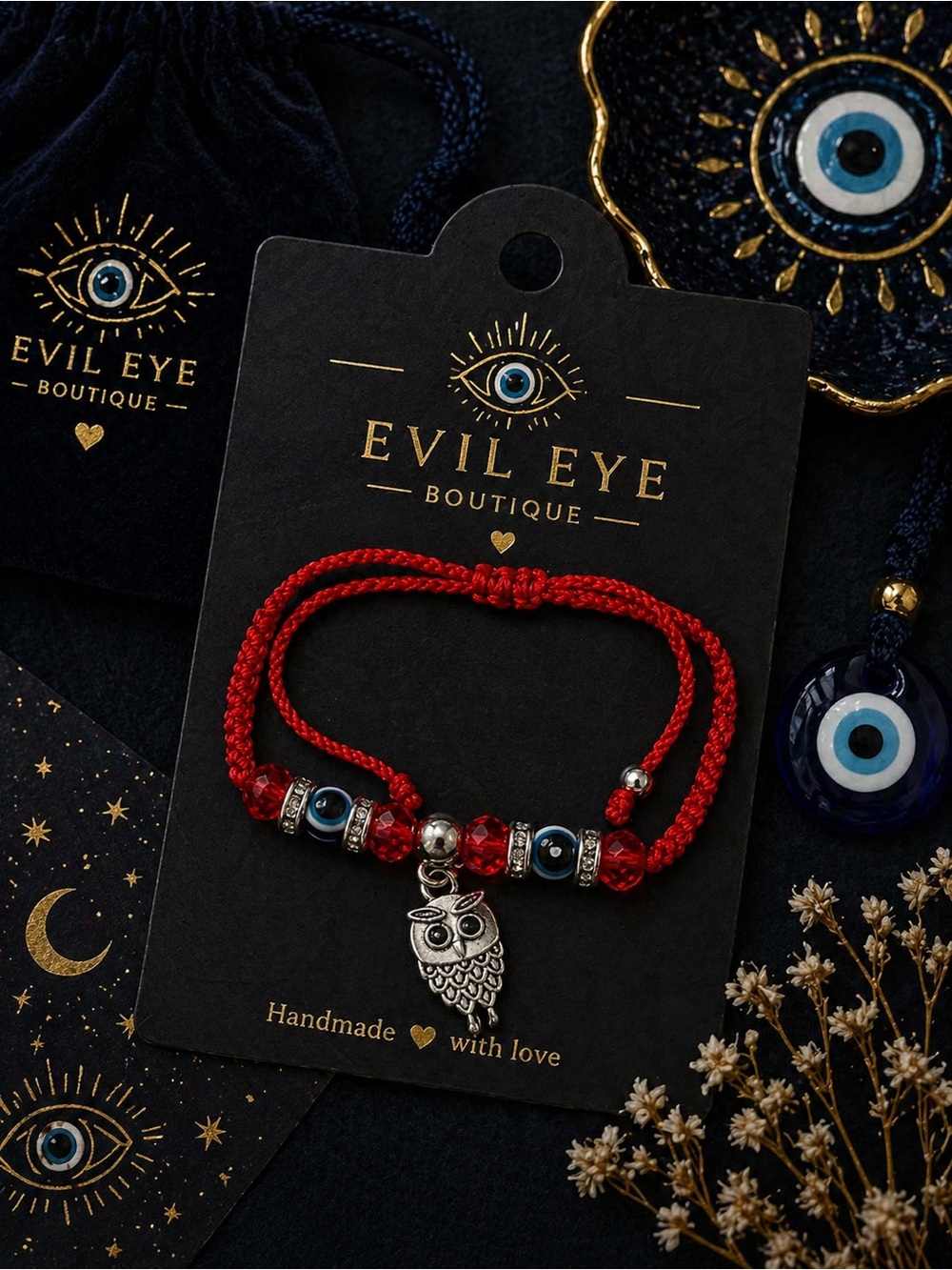 Evil Eye Boutique Red Braided Owl Charm Bracelet
